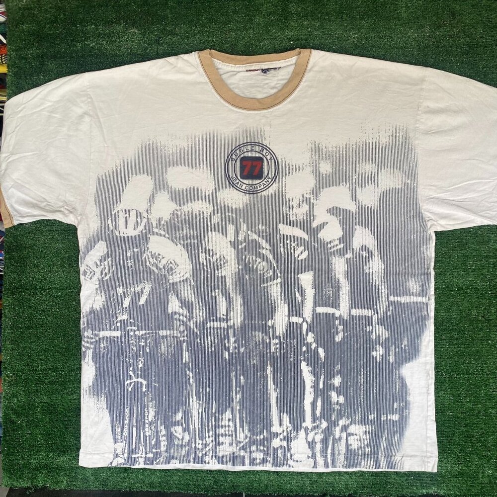 Vintage 90s Bugle Boy Shirt Bicycle Cycling Logo Ringer Tee